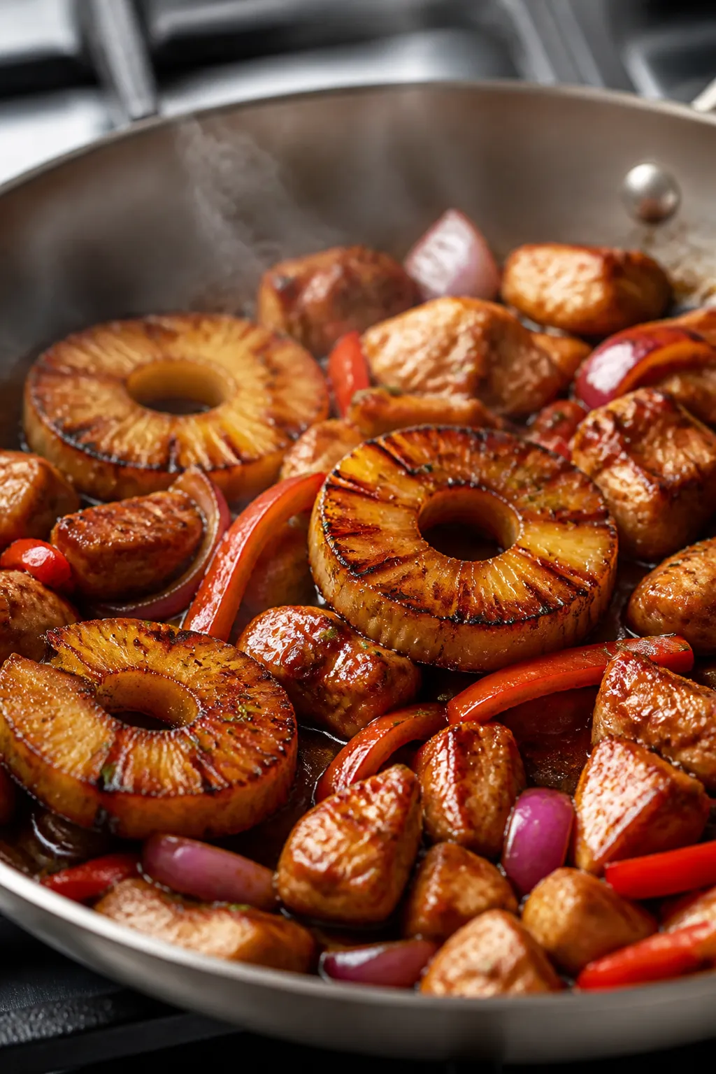 Cooking process, close-up detail: Searing pineapple rings and marinated chicken bites in a hot stain
