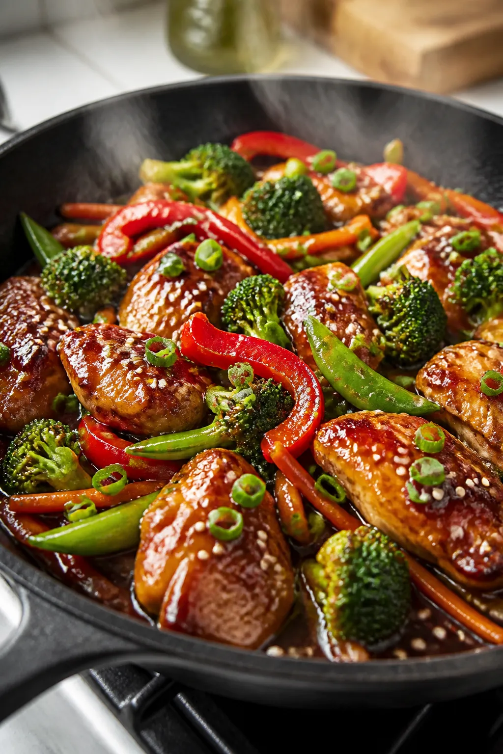 Cooking process, close-up detail: Searing teriyaki-marinated chicken thigh pieces in a sizzling skil