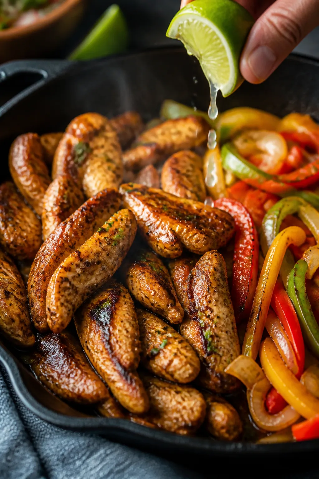 Cooking process, close-up detail: Sizzling chicken fajita strips in a well-seasoned cast-iron skille