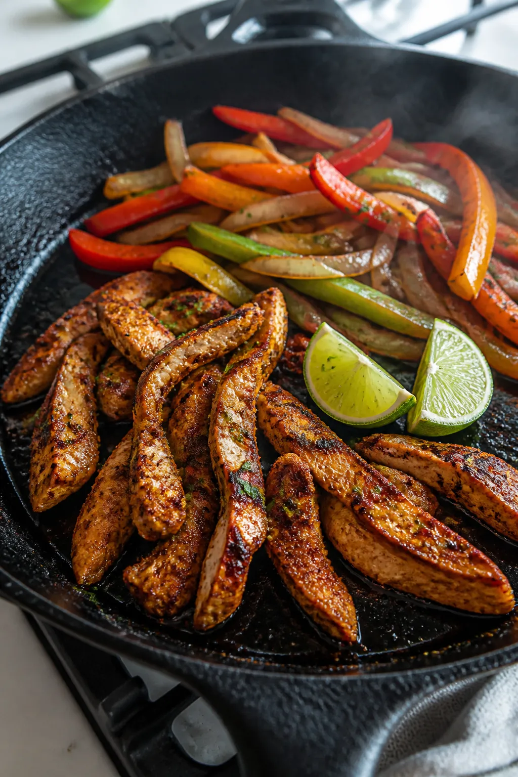 Cooking process, close-up detail: Sizzling chicken fajita strips searing in a cast-iron skillet over
