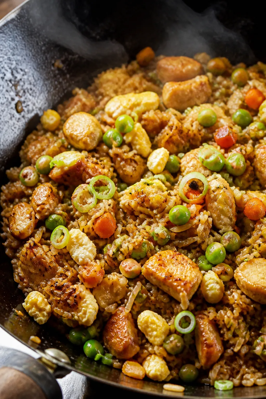 Cooking process, close-up detail: Sizzling high-protein chicken fried rice in a carbon-steel wok ove