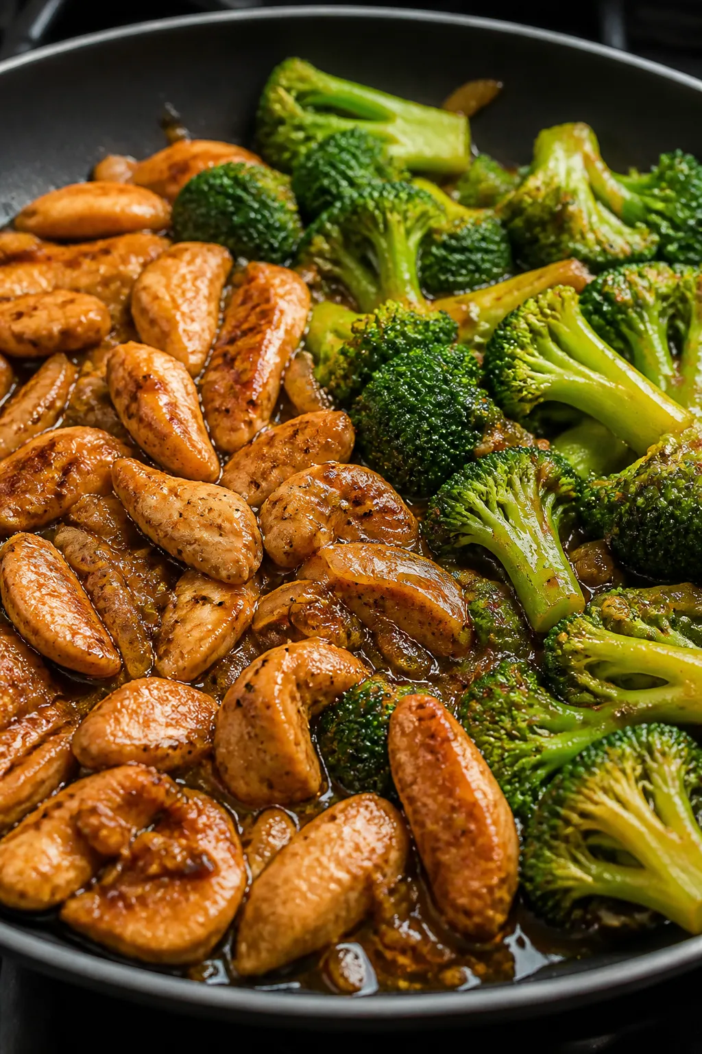 Cooking process, close-up detail: Sizzling one-pan chicken and broccoli mid-cook in a large skillet,