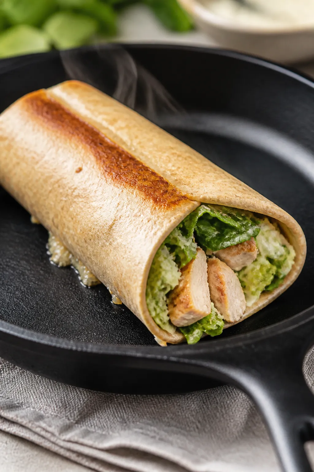 Cooking process, close-up detail: Warm whole-wheat tortilla in a dry skillet, seam-side sear in prog