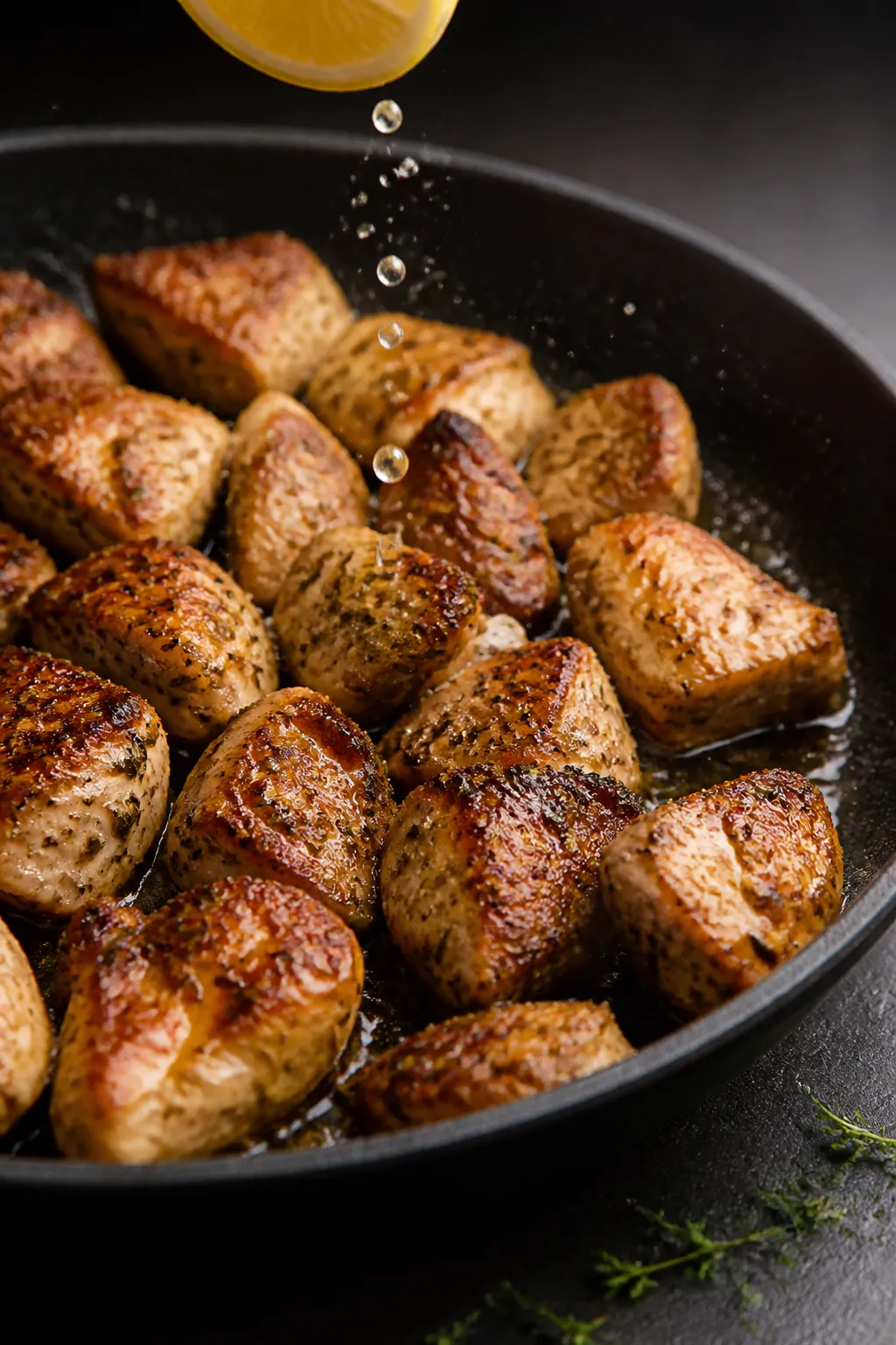 Cooking process, close-up: Golden, lemon-herb Greek chicken searing in a skillet, bite-size pieces w