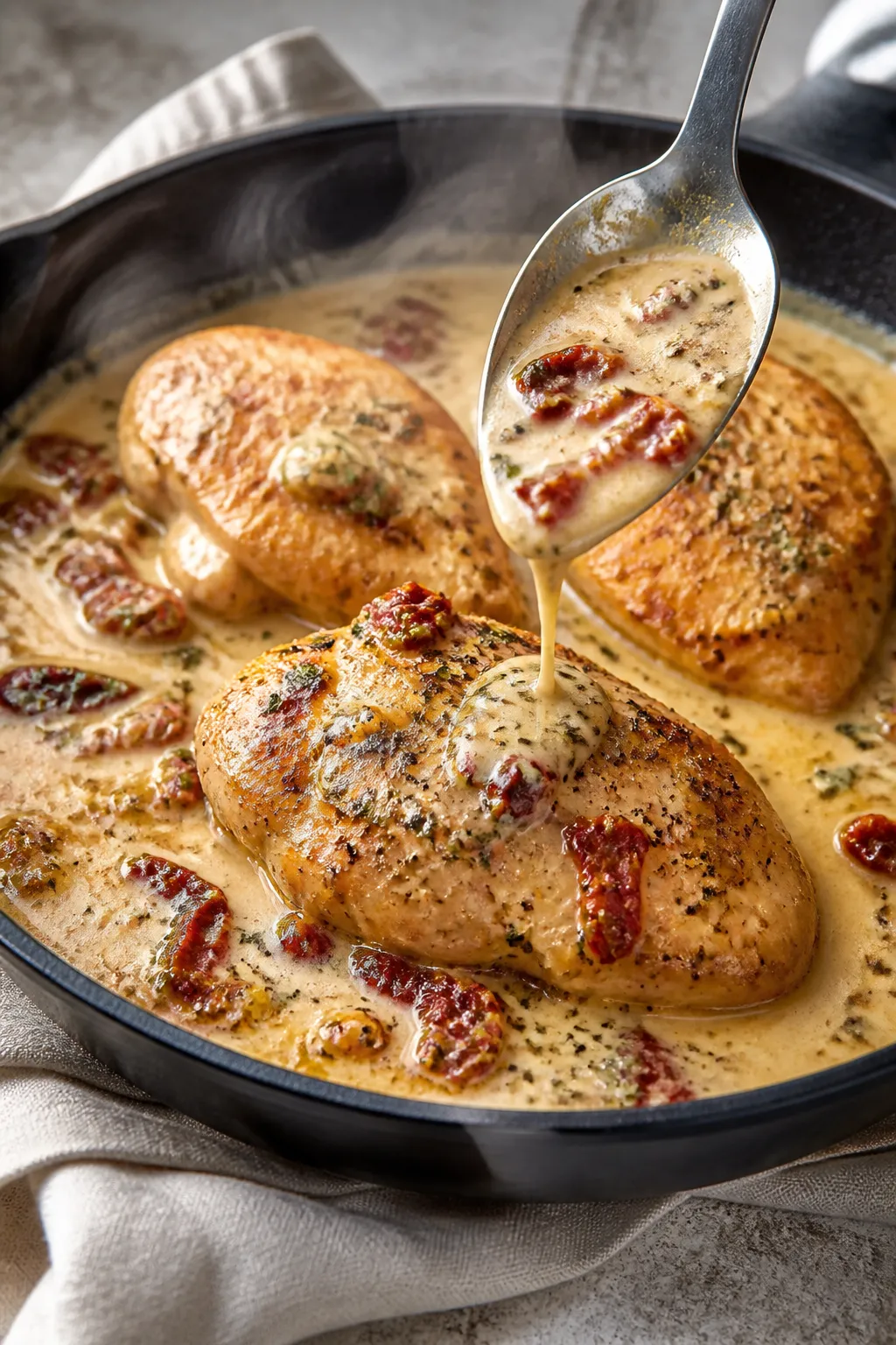 Cooking process, close-up: Golden-seared chicken breasts nestled in a skillet of creamy sauce, steam