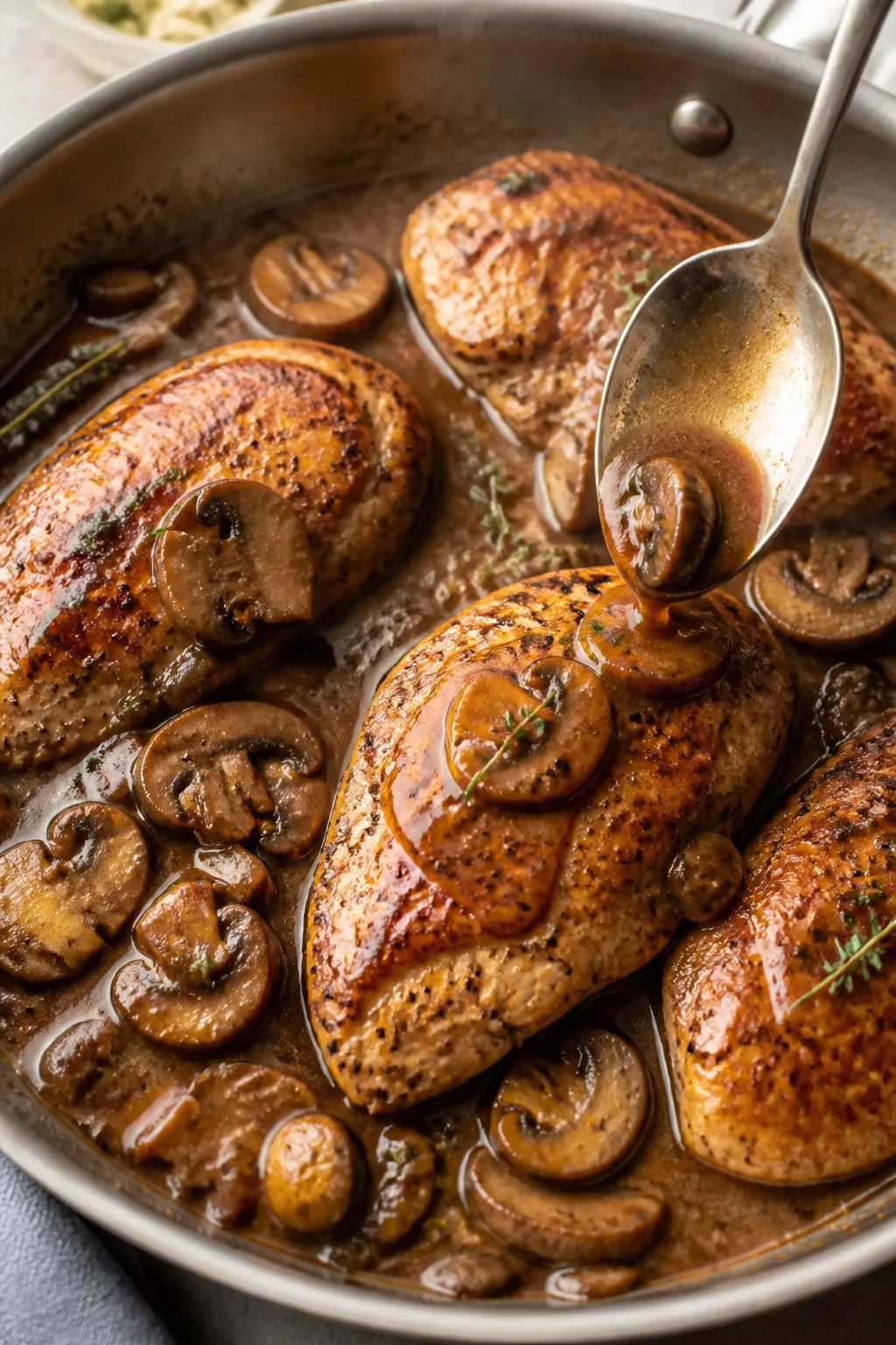 Cooking process close-up: Golden-seared chicken breasts nestled back into a skillet of glossy Marsal