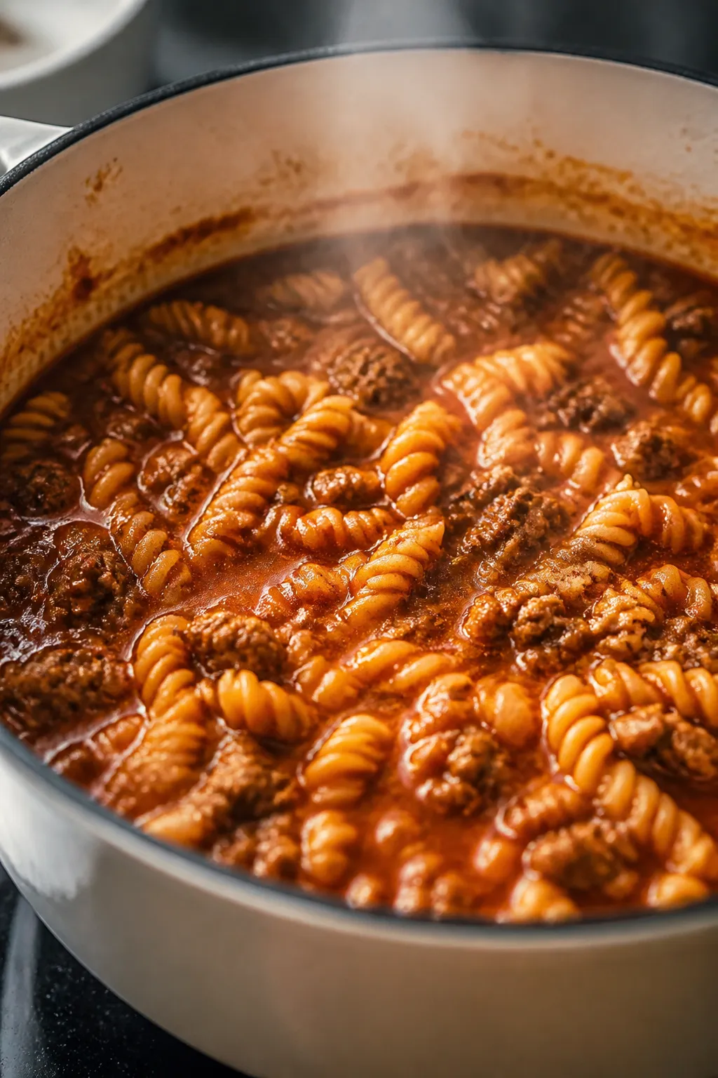 Cooking process close-up: Ground beef and onions sizzling in a deep, enameled Dutch oven, coated wit