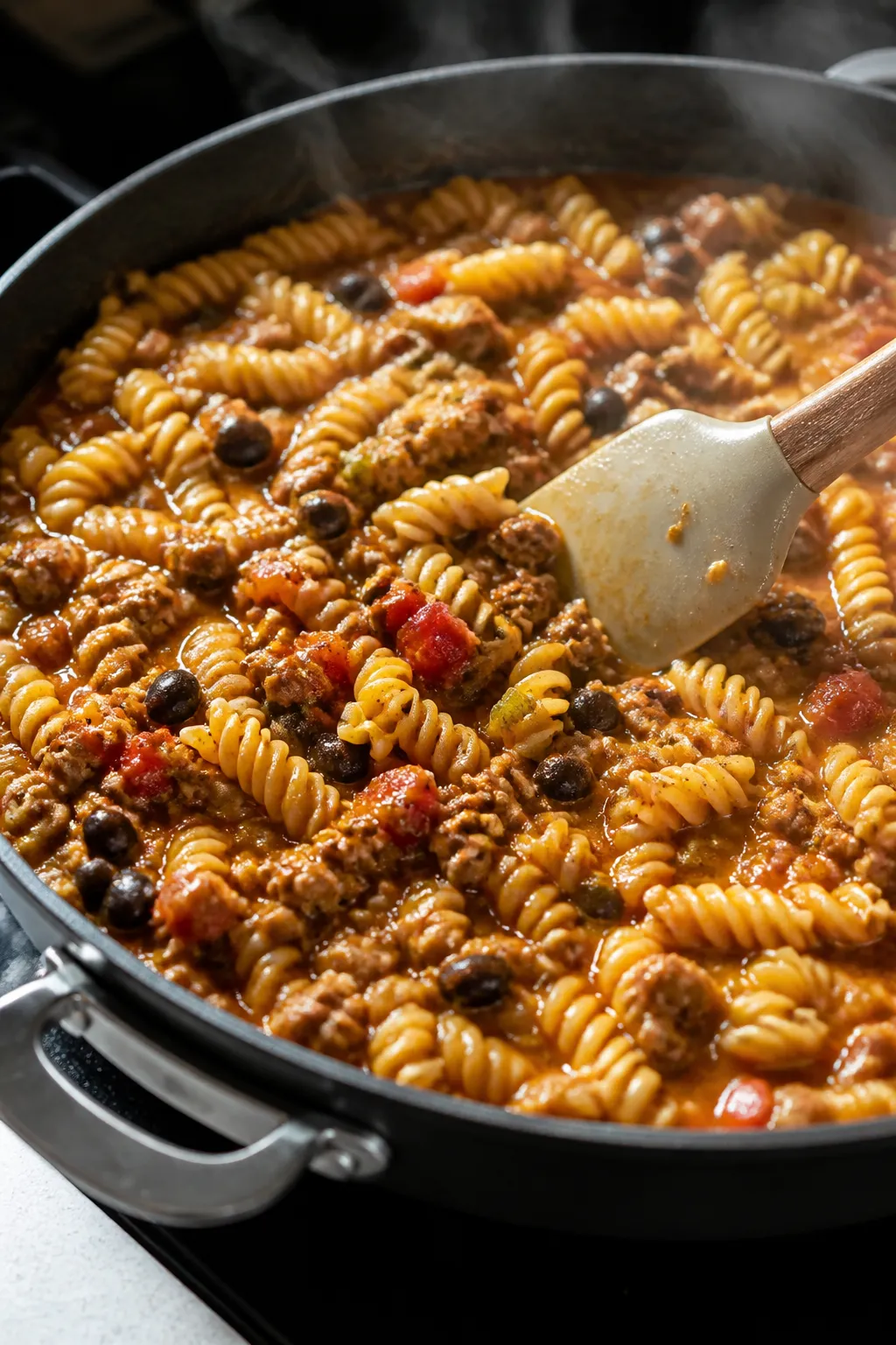 Cooking process, close-up: Ground turkey taco pasta simmering in a deep skillet, close-up of al dent