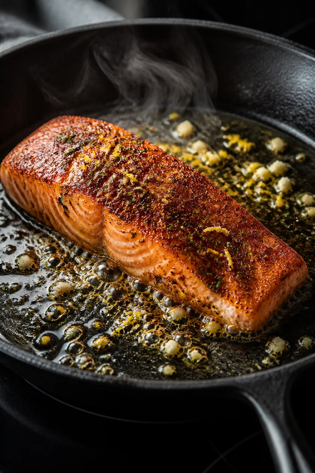 Cooking process close-up: Herb-and-smoked-paprika rubbed salmon fillet sizzling in a cast-iron skill