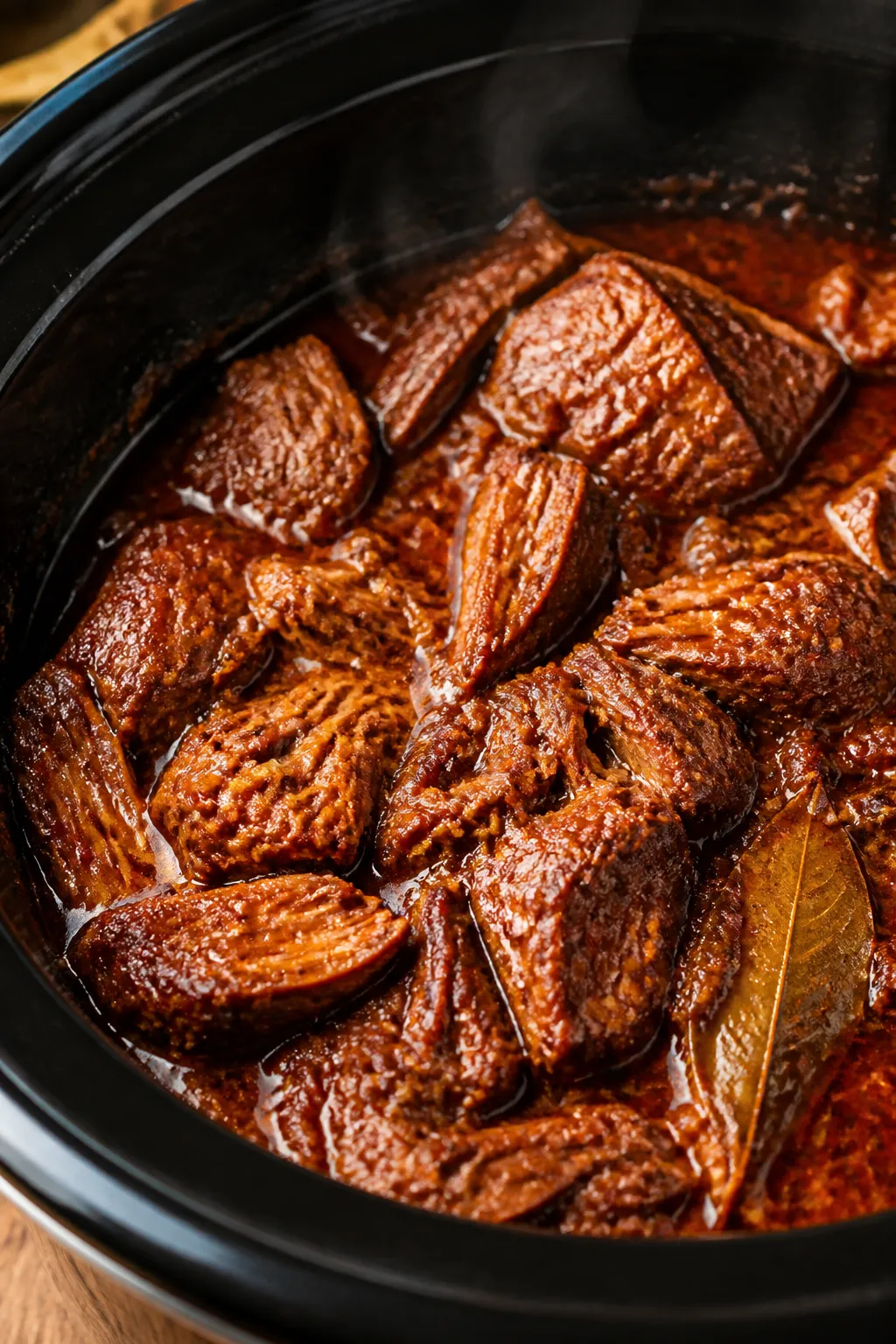 Cooking process close-up: Juicy, browned chuck roast chunks simmering in a slow cooker, fully cooked