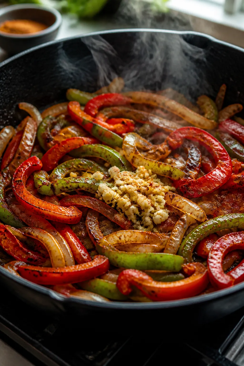 Cooking process close-up: Sautéed onion and thinly sliced red and green bell peppers in a large bla