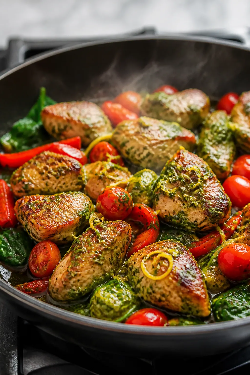 Cooking process, close-up sear: Close-up of golden-brown, bite-size chicken pieces sizzling in a wid