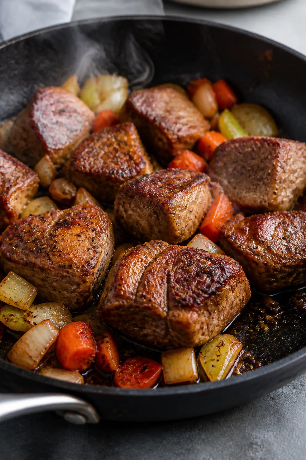 Cooking process close-up: Searing pork shoulder chunks in a heavy skillet until deeply browned on th