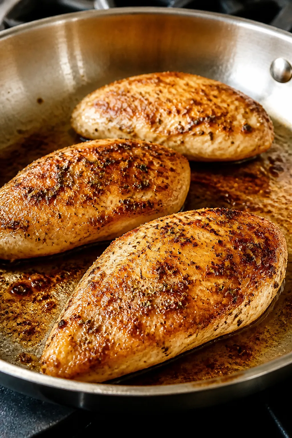 Cooking process close-up: Searing seasoned chicken breasts in a stainless steel skillet, golden-brow