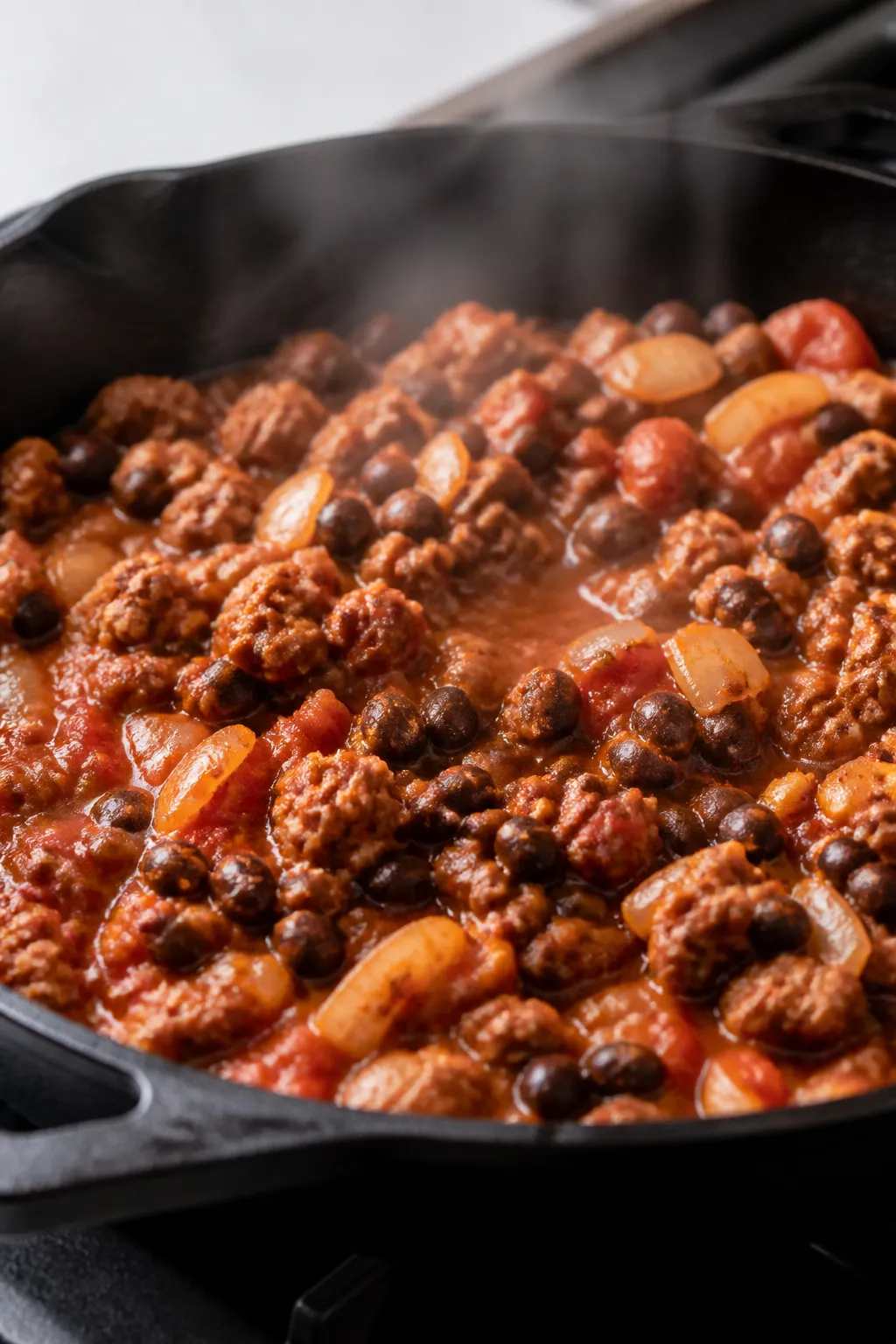 Cooking process close-up: Seasoned ground turkey and black beans simmering in a skillet with tomato 