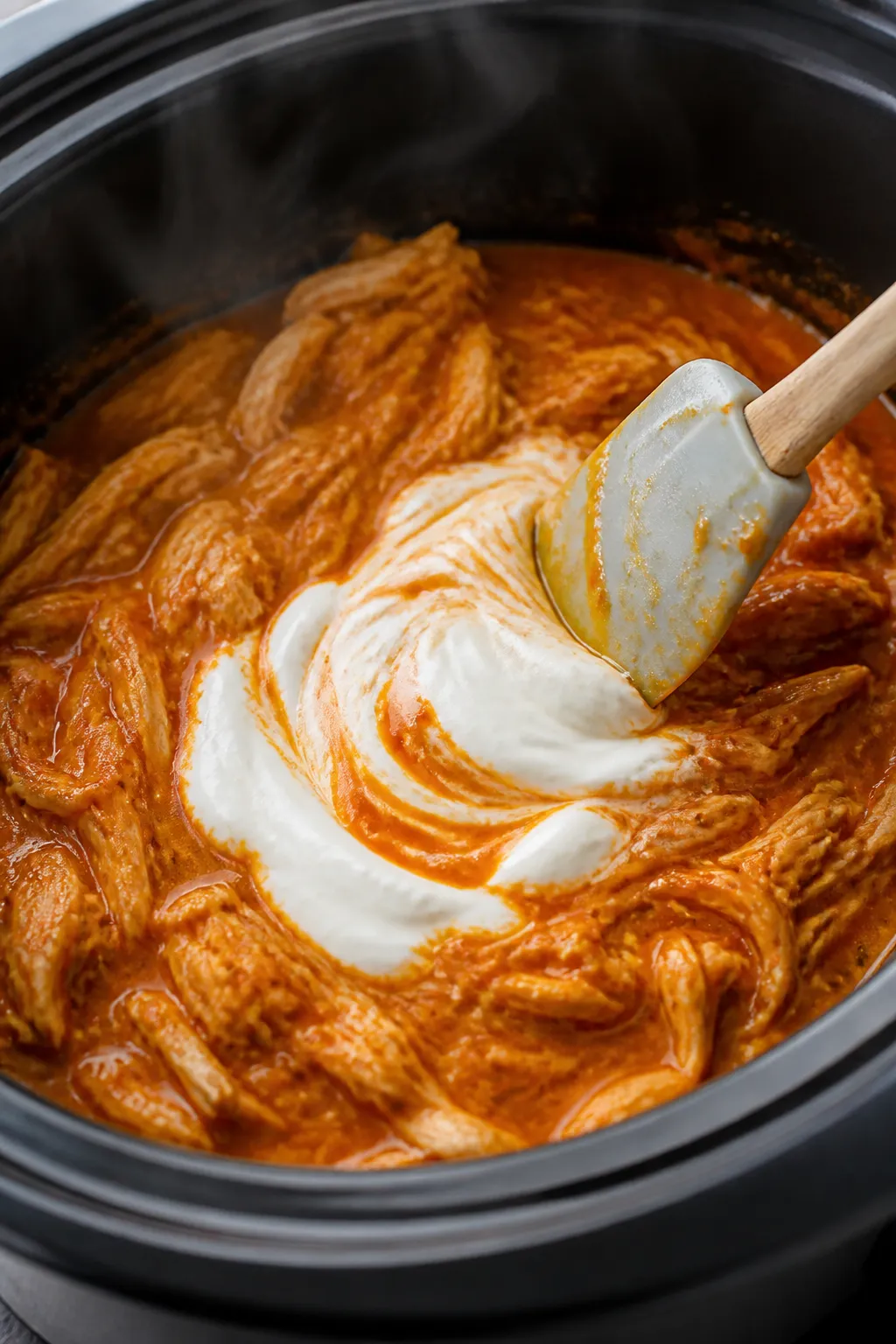 Cooking process close-up: Shredded buffalo chicken just returned to the slow cooker, glistening in a