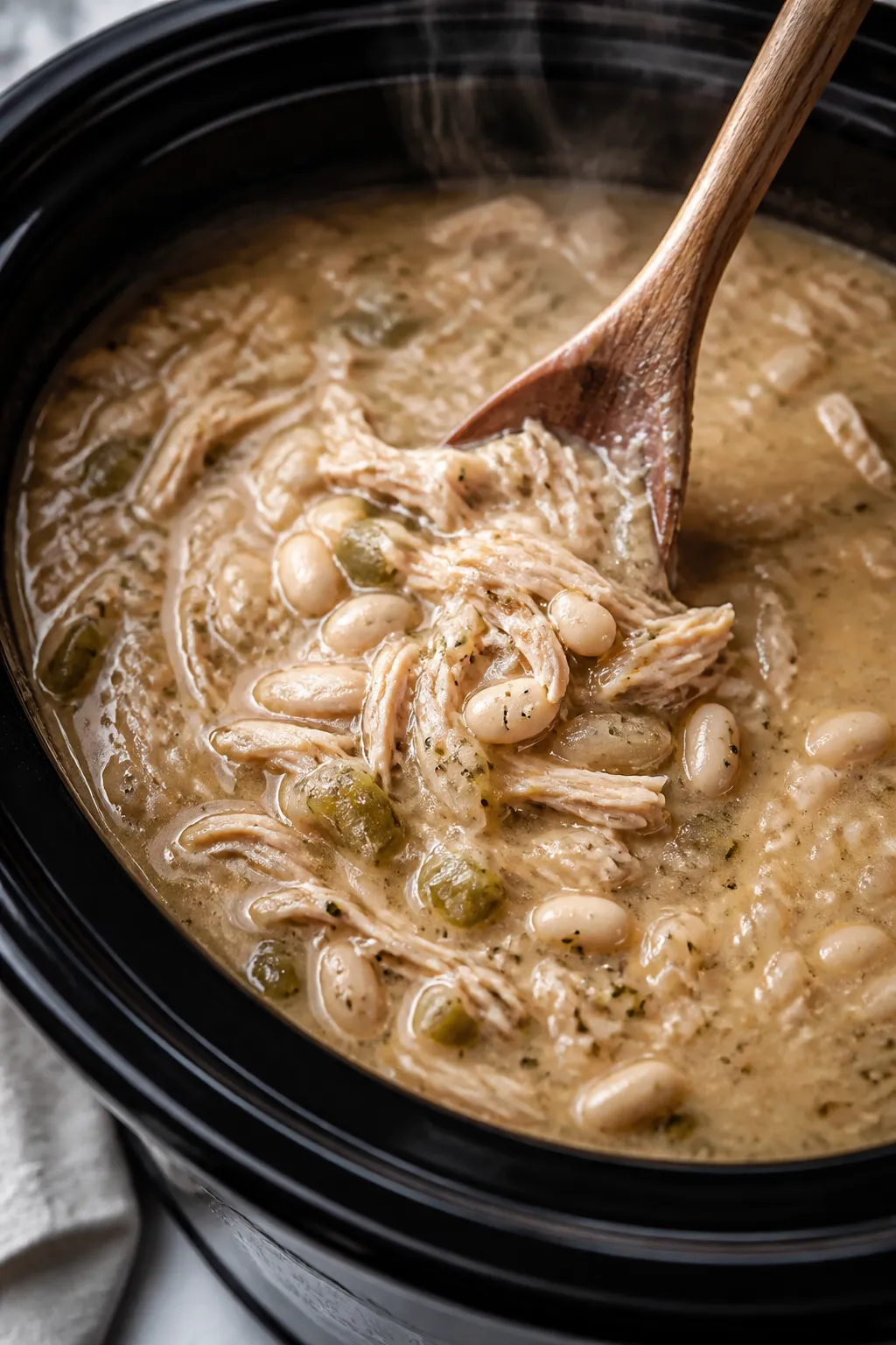 Cooking process, close-up: Shredded chicken being stirred back into a creamy white bean chili inside