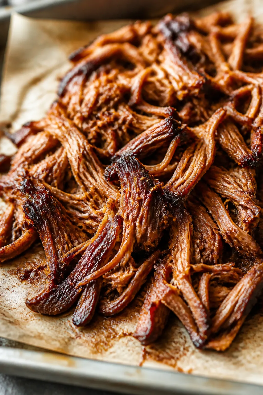 Cooking process close-up: Shredded slow-cooker pulled pork just after broiling for crispy edges, gli