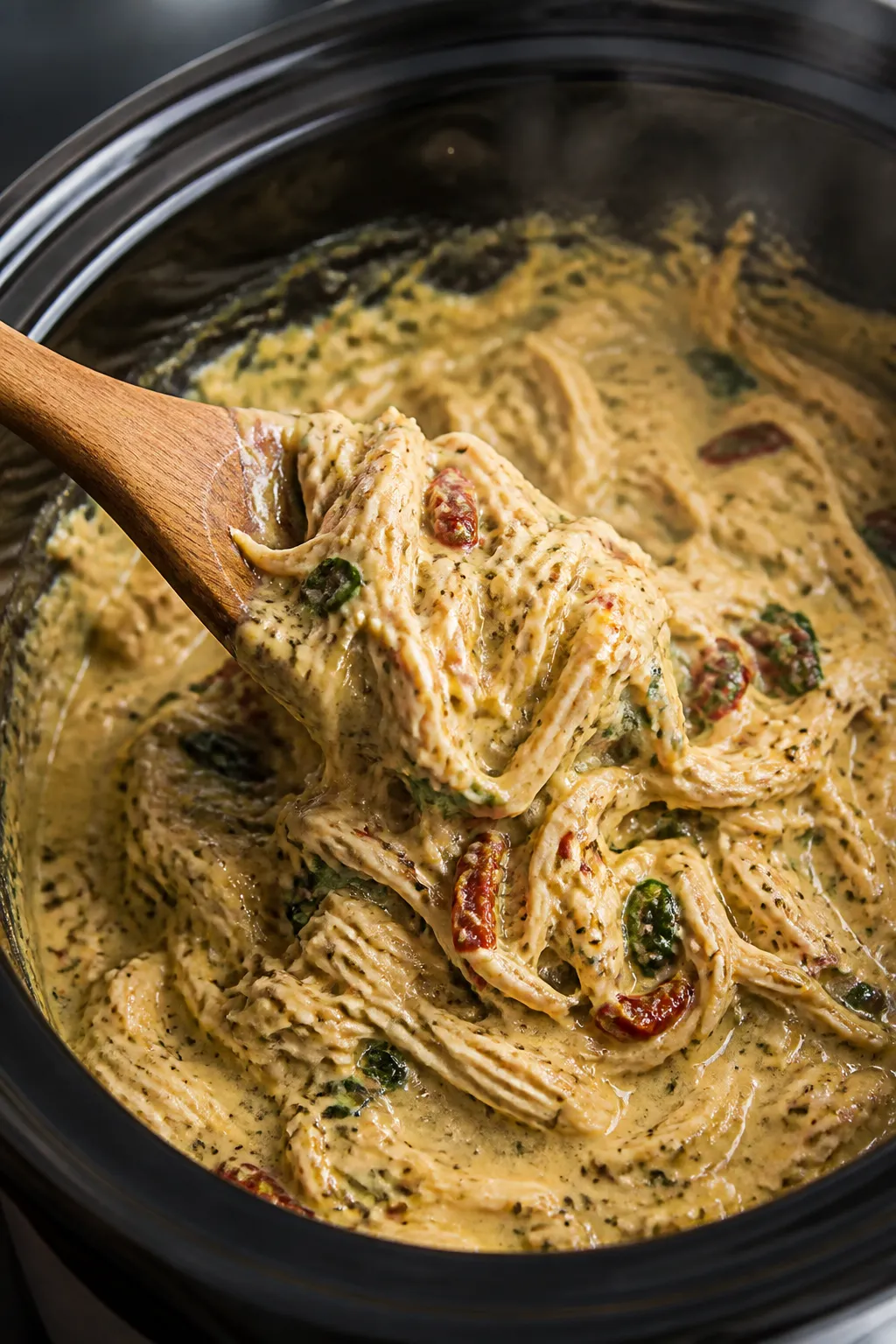 Cooking process close-up: Shredded Tuscan chicken being folded back into a creamy garlic-Parmesan sa