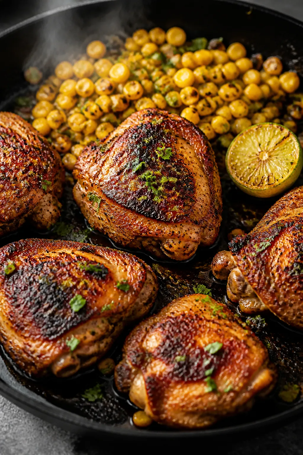 Cooking process close-up: Sizzling chili-lime chicken thighs in a cast-iron skillet, beautifully car