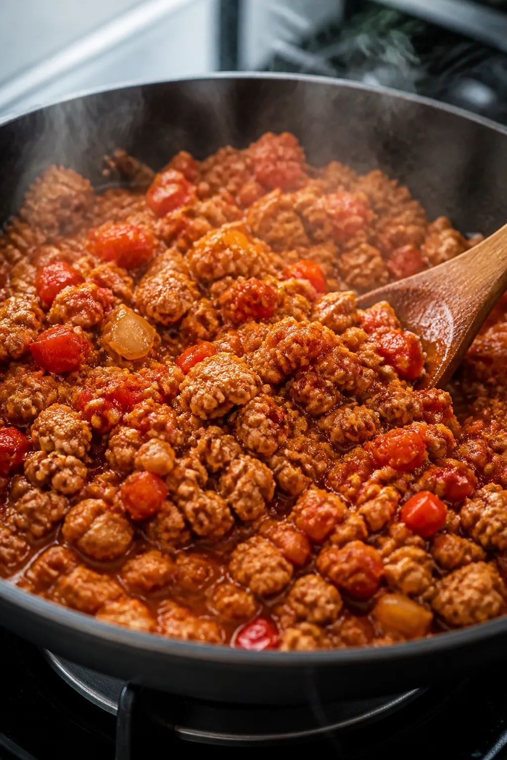 Cooking process, close-up: Sizzling taco-seasoned lean ground turkey with diced onion and red bell p