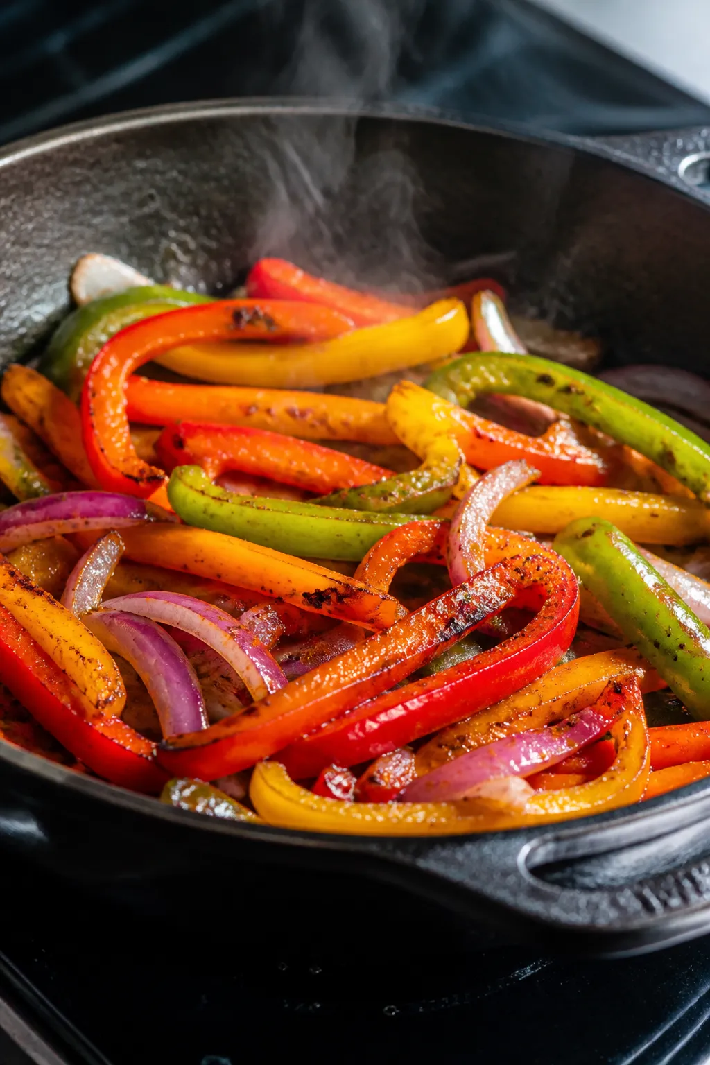 Cooking process close-up: Sliced bell peppers and red onions sizzling in a hot skillet after the chi