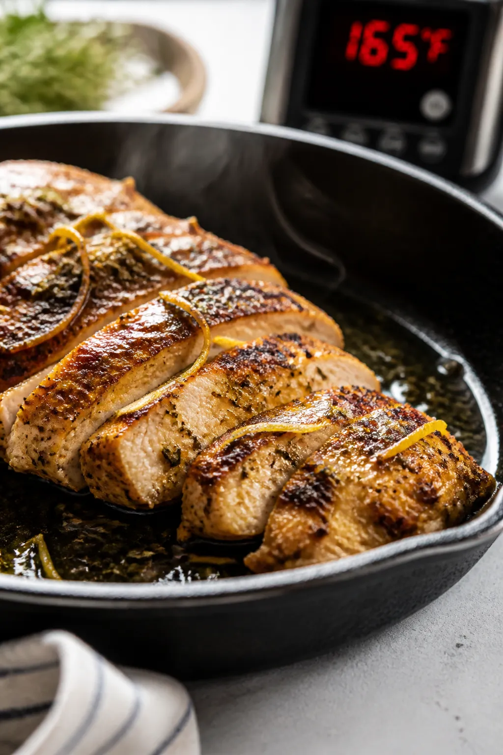 Cooking process close-up: Sliced lemon-herb chicken searing in a cast-iron skillet, golden-brown cru