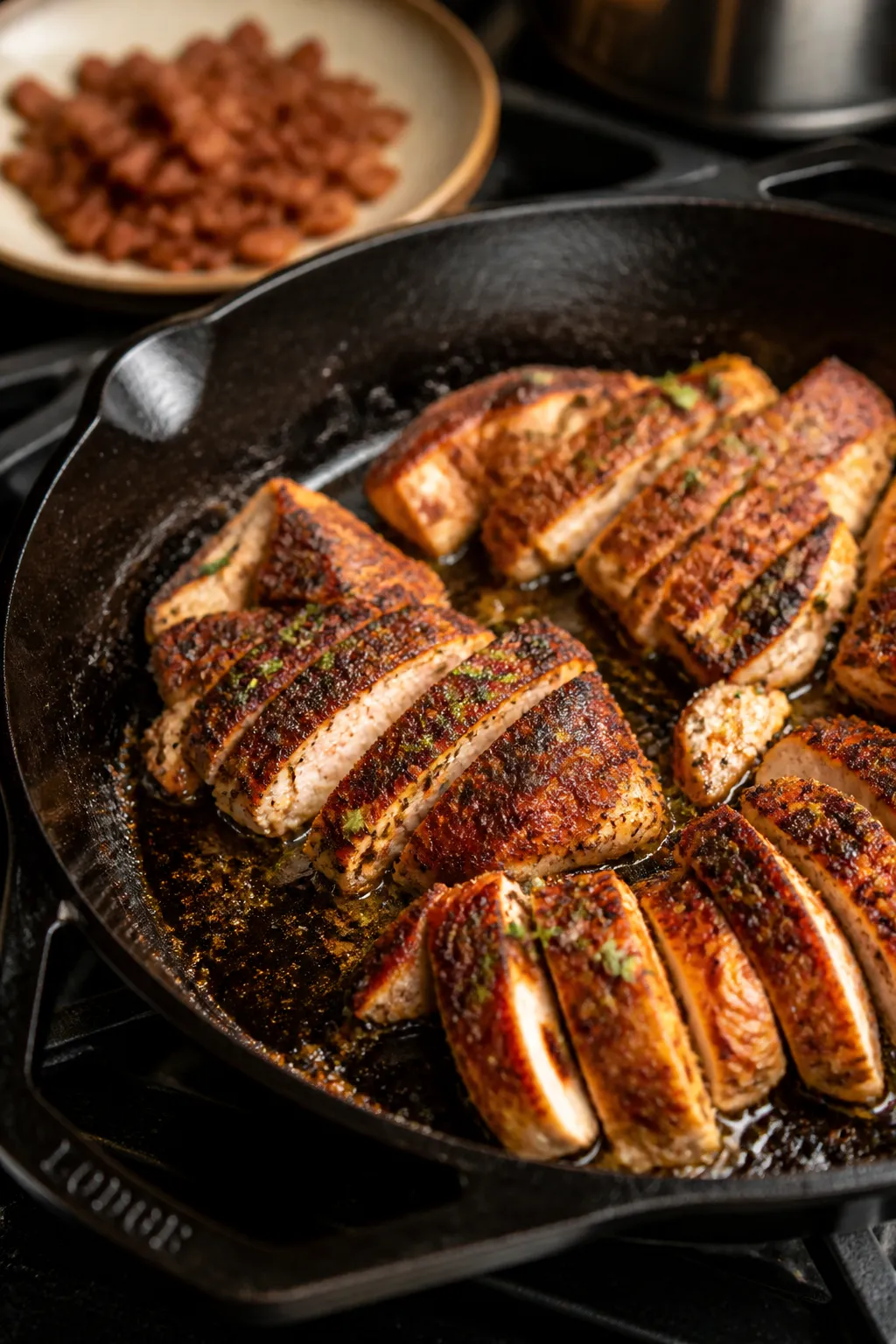 Cooking process close-up: Sliced, spice-rubbed chicken thighs searing in a cast-iron skillet, edges 