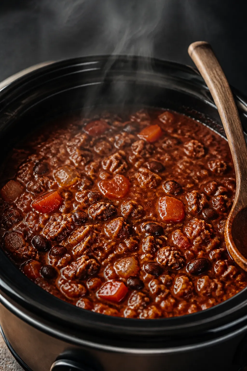 Cooking process close-up: Slow cooker beef and black bean chili mid-simmer, lid off, steam rising; g