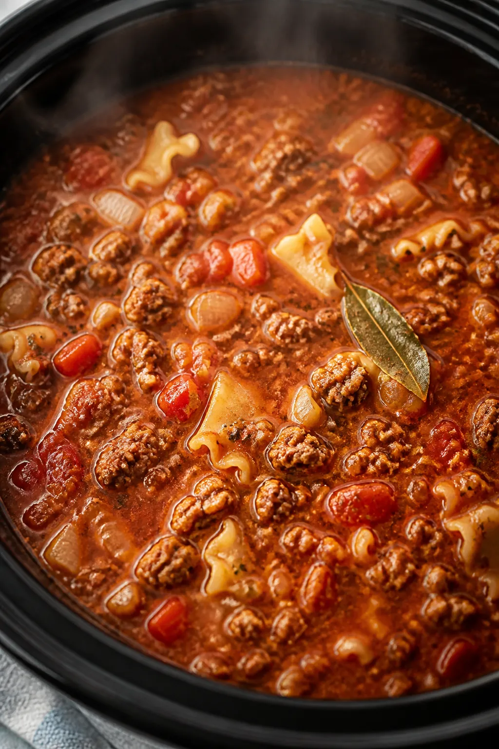 Cooking process close-up: Slow cooker lasagna soup mid-simmer with browned ground turkey, softened o