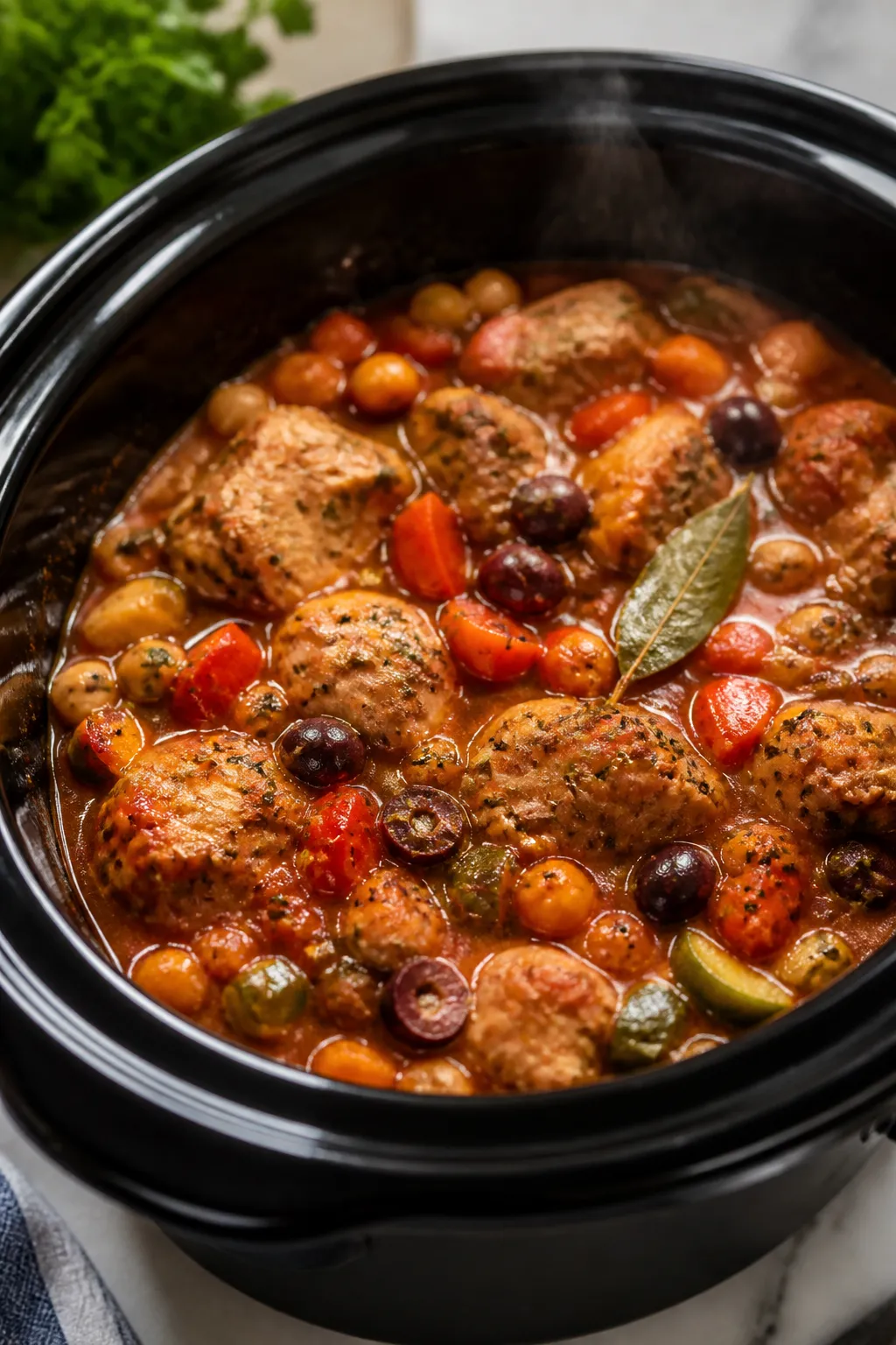 Cooking process close-up: Slow Cooker Mediterranean Turkey Stew mid-simmer inside a black ceramic sl