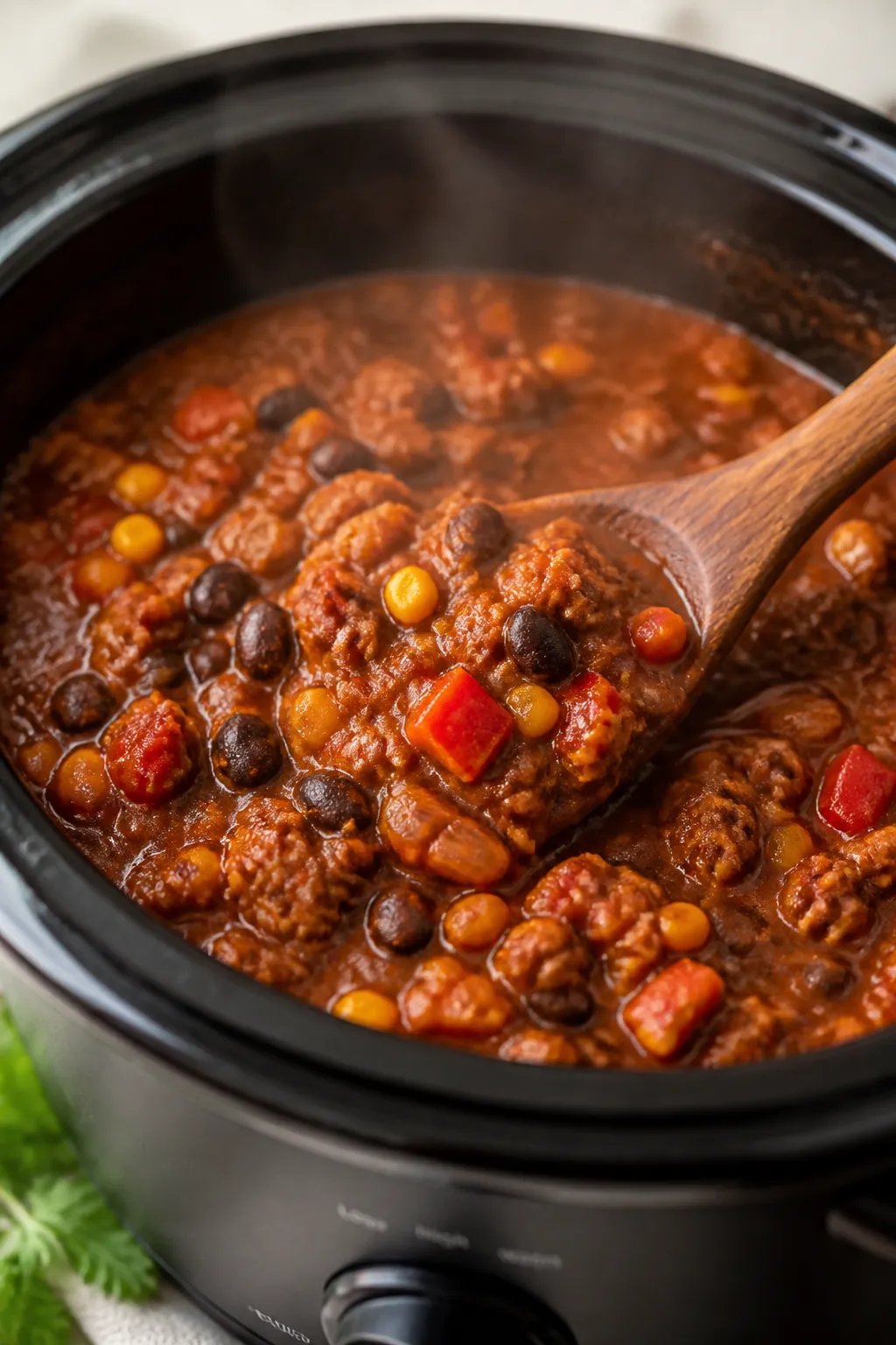 Cooking process close-up: Slow cooker turkey burrito filling bubbling gently in a matte-black slow c