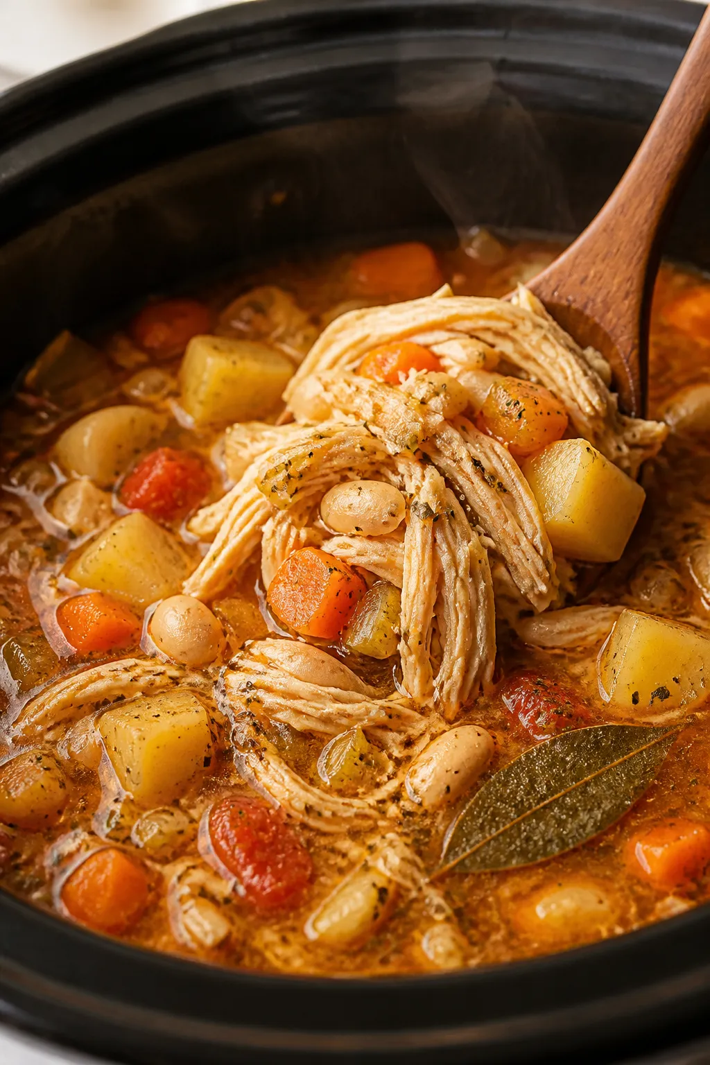 Cooking process, close-up: Tender shredded chicken being folded back into a simmering slow cooker of