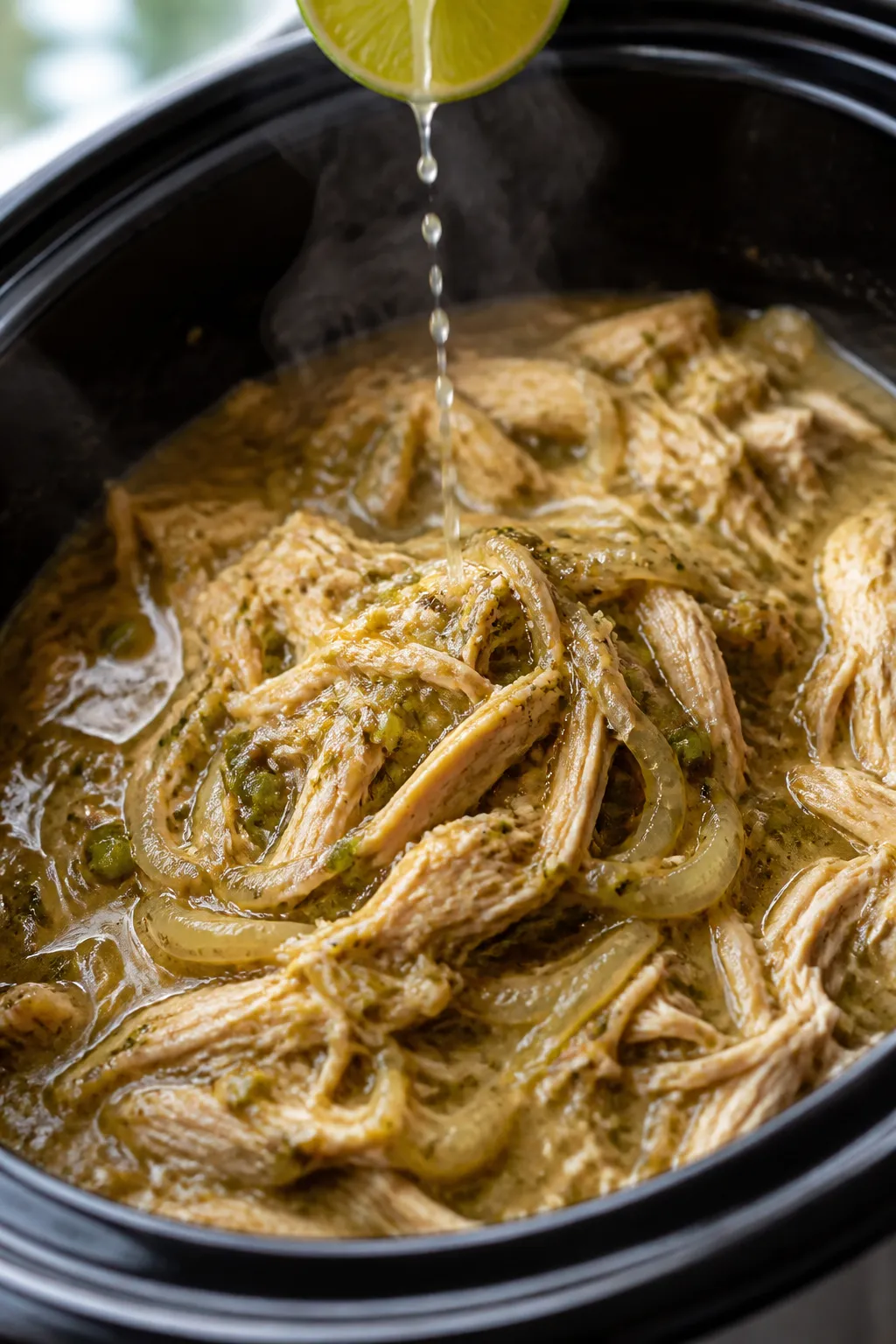 Cooking process, close-up: Tender shredded salsa verde chicken just returned to the slow cooker, gli