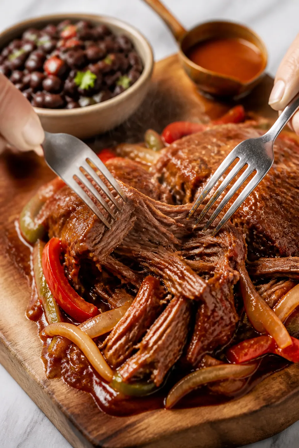 Cooking process close-up: Tender shredded slow-cooker steak being pulled apart with two forks on a w