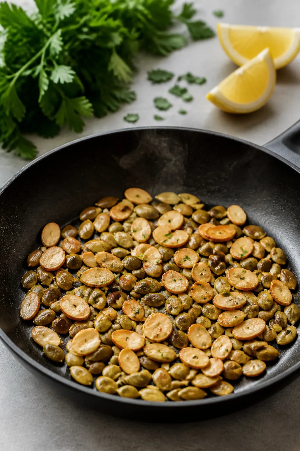 Cooking process close-up: Toasted nuts for chicken salad cooling in a matte black skillet after toas