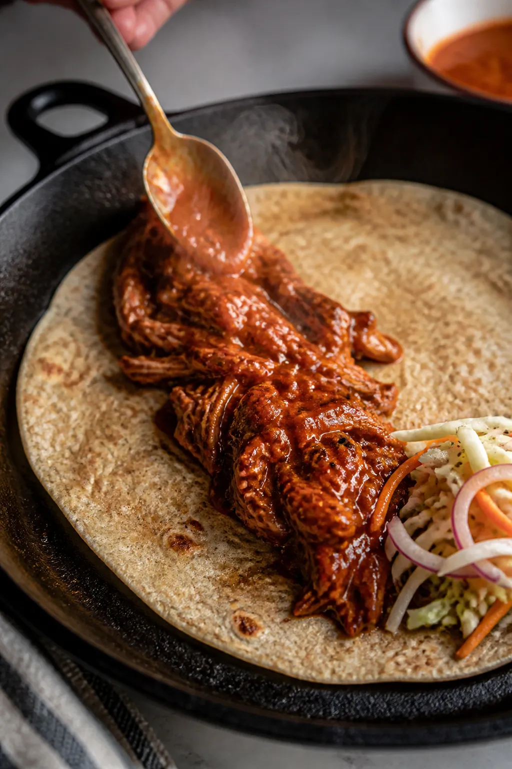 Cooking process close-up: Warmed whole-grain tortilla on a cast-iron skillet with a glossy line of s