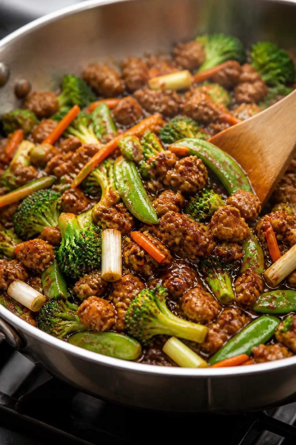 Cooking process – glossy teriyaki finish: Ground turkey and mixed veggies (broccoli florets, shred