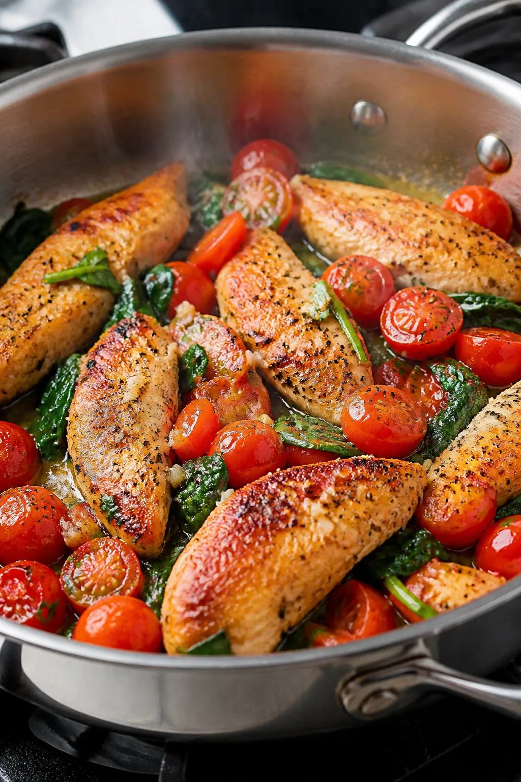 Cooking process: Golden seared chicken breast strips in a stainless-steel skillet, glistening with o