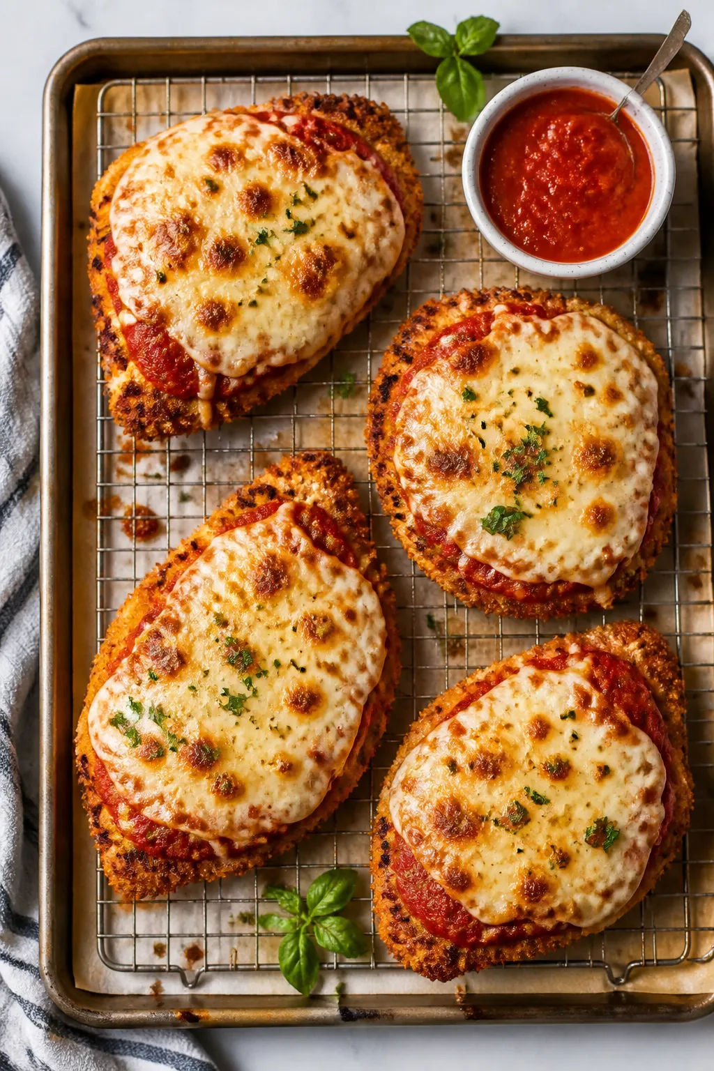 Cooking process: High Protein Chicken Parmesan being finished under the broiler—bubbling, lightly