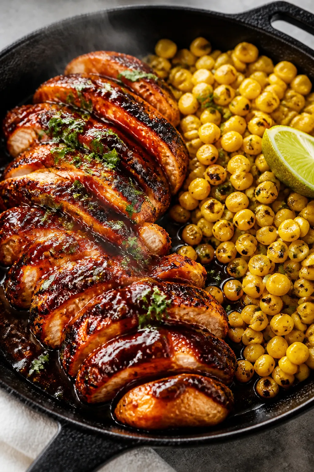 Cooking process: Juicy BBQ-glazed chicken just off the skillet, sliced and tossed in a glossy, smoky