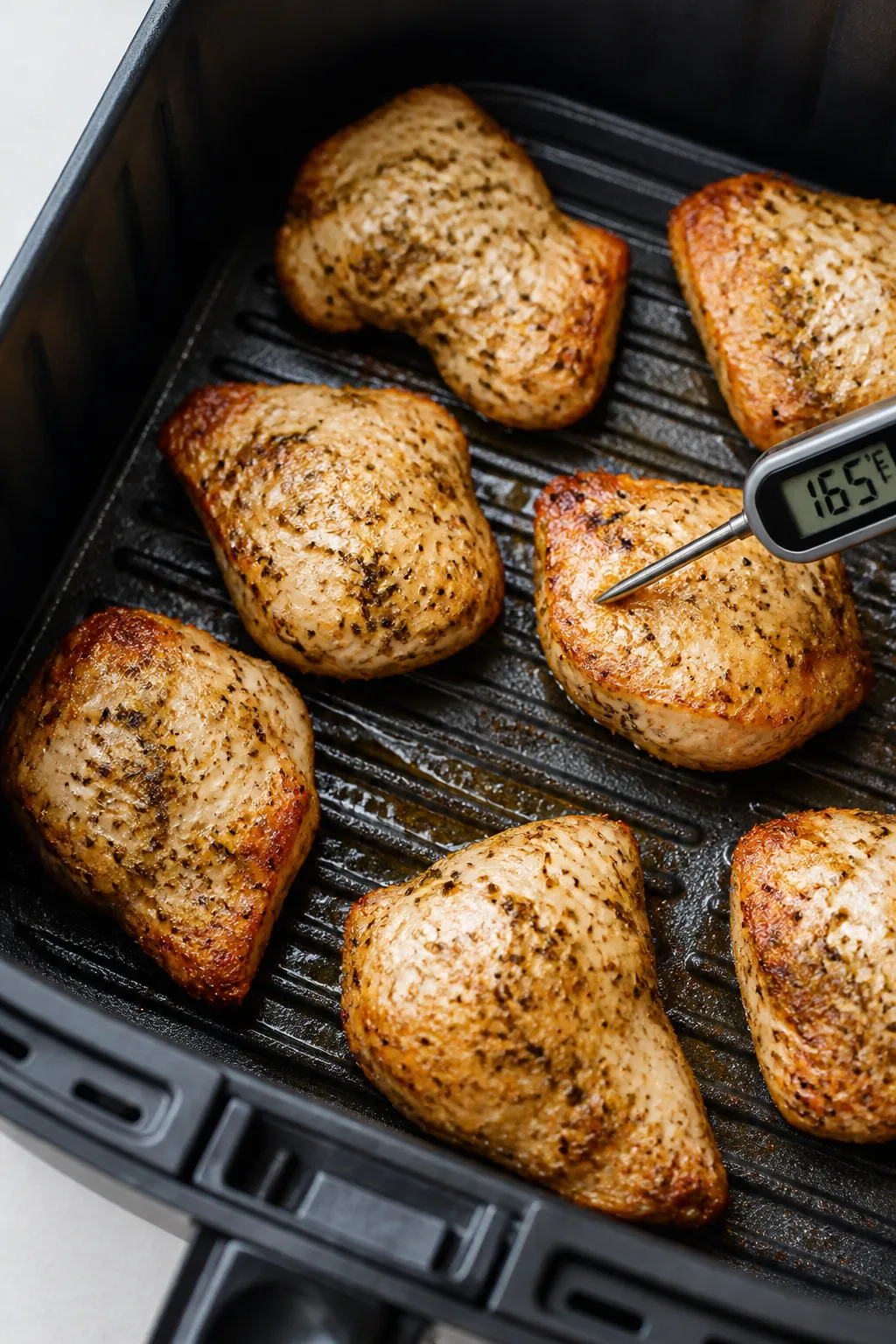 Cooking process: Marinated Greek chicken in an air fryer basket mid-cook at 380°F, pieces arranged