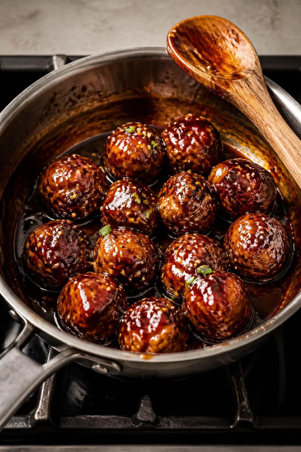 Cooking process: Meatballs being gently tossed and coated in a small saucepan of simmering teriyaki