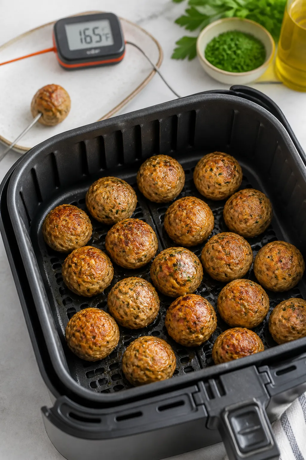 Cooking process, mid-cook browning: Air fryer basket at 390°F with a single layer of golden chicken