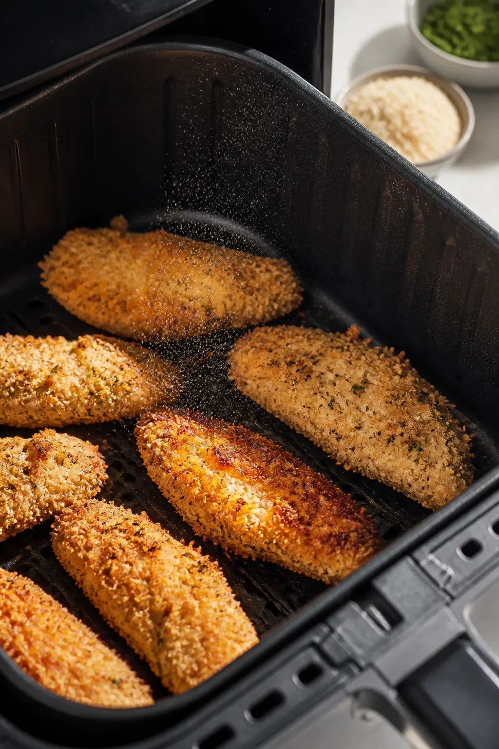 Cooking process: Mid-cook scene inside an open air fryer basket—chicken tenders in a single, well-