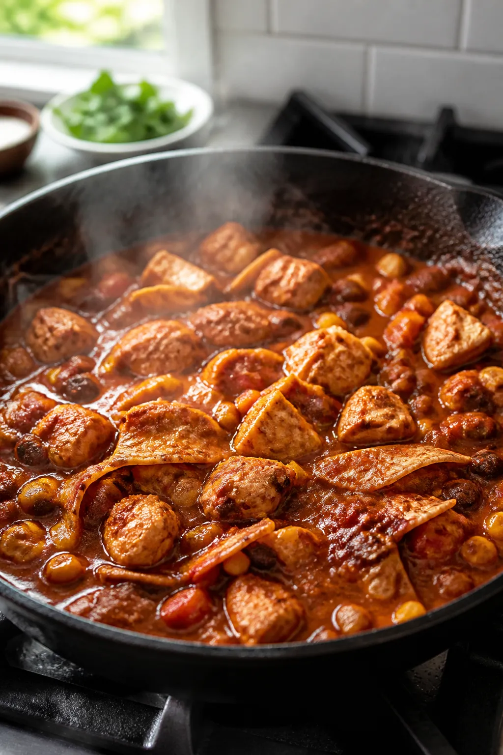 Cooking process, mid-simmer: A large black cast-iron skillet on a stovetop with the chicken enchilad