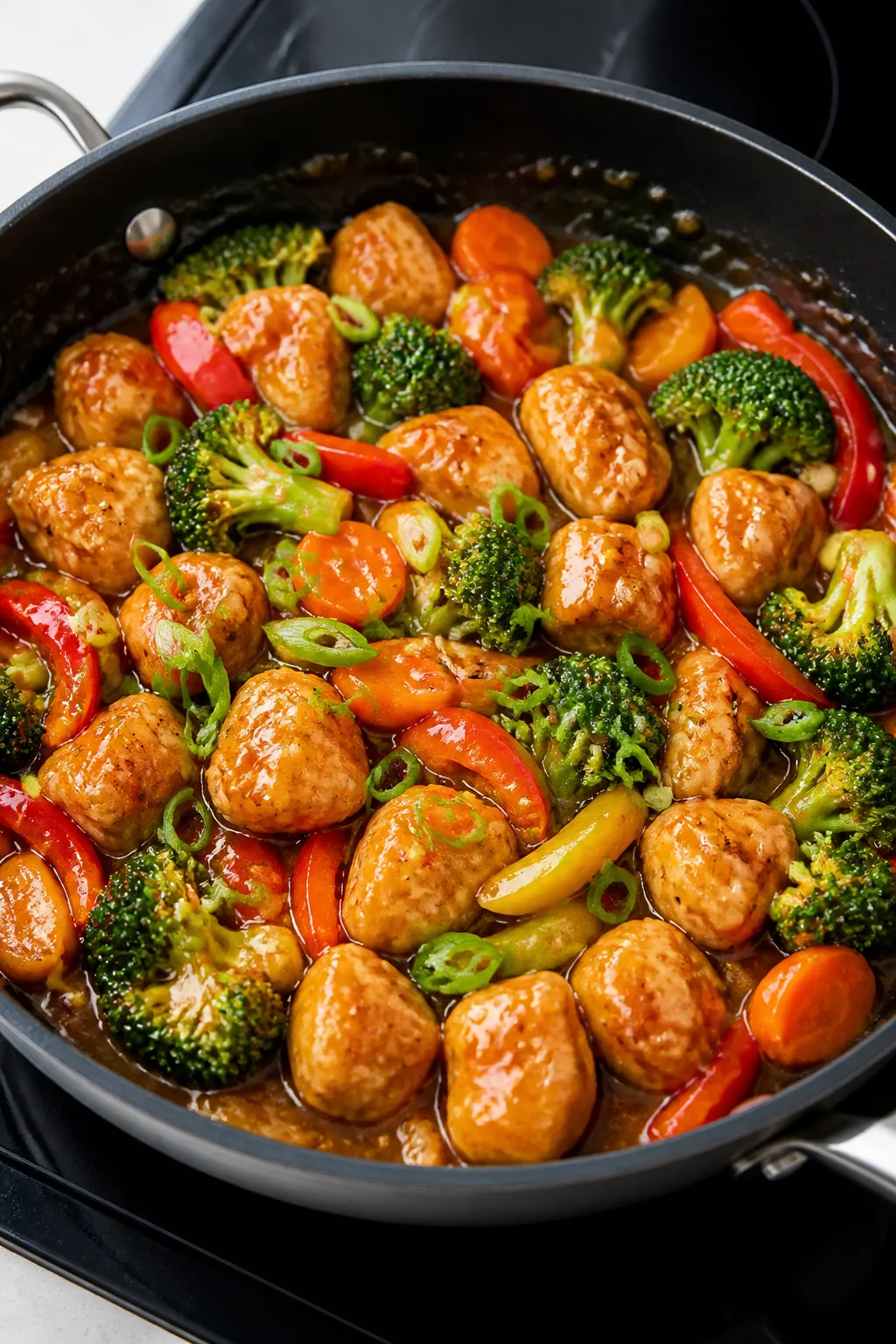Cooking process: Orange chicken and vegetables simmering together in a wide nonstick skillet, sauce 