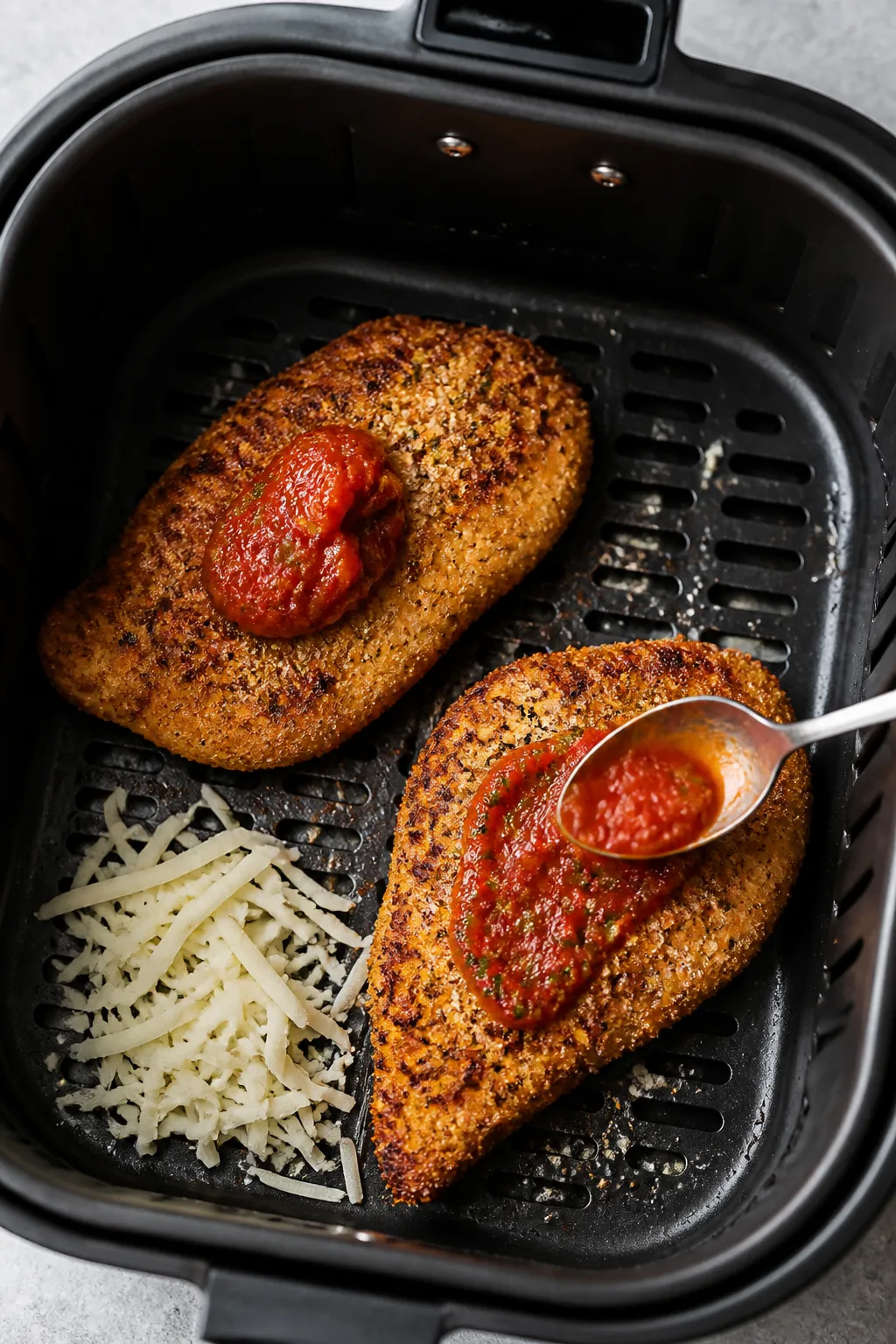 Cooking process: Overhead shot inside an air fryer basket showing two breaded chicken cutlets post-f