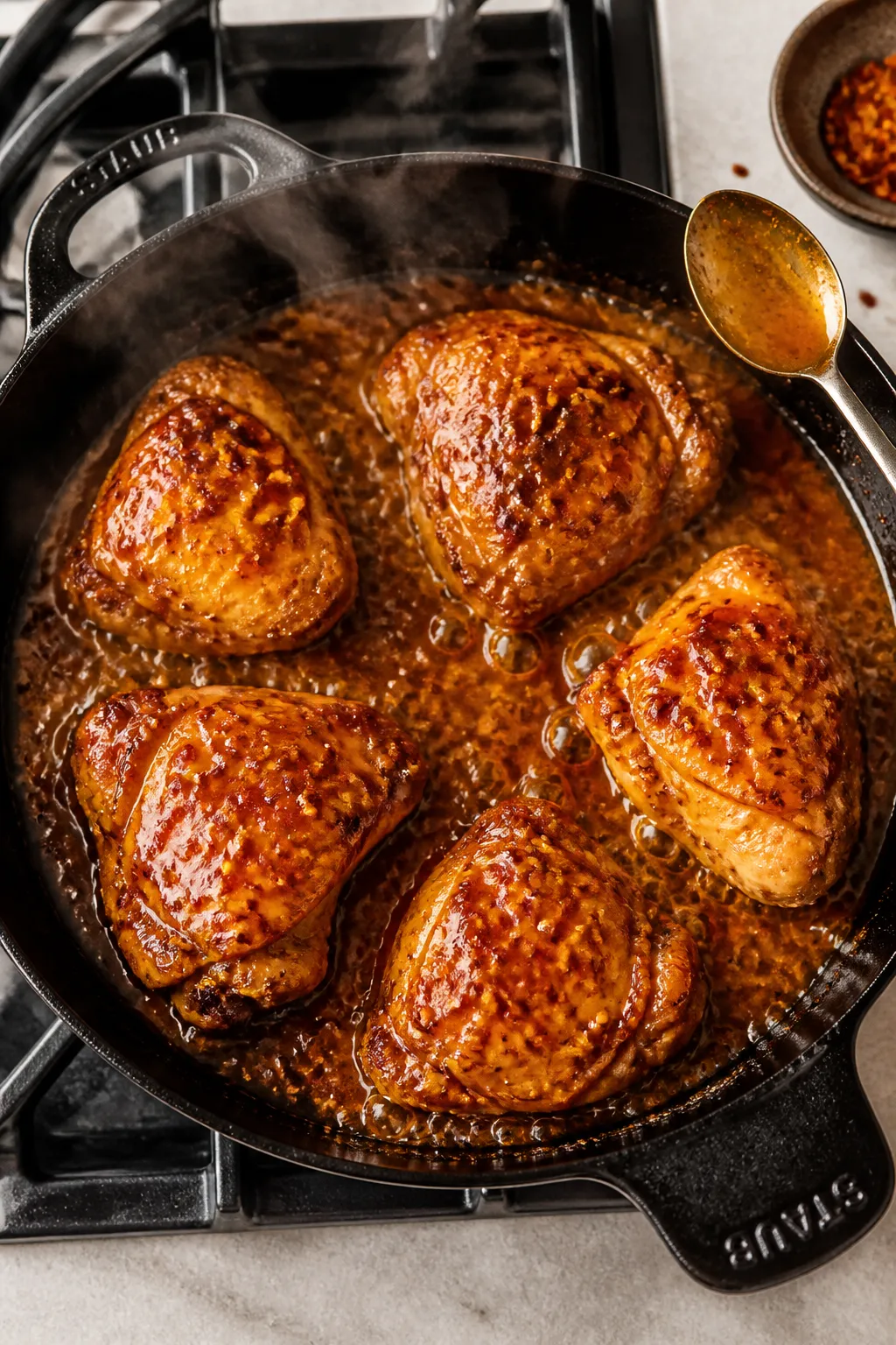 Cooking process: Overhead shot of chicken thighs in an oven-safe skillet on the stovetop as the hot