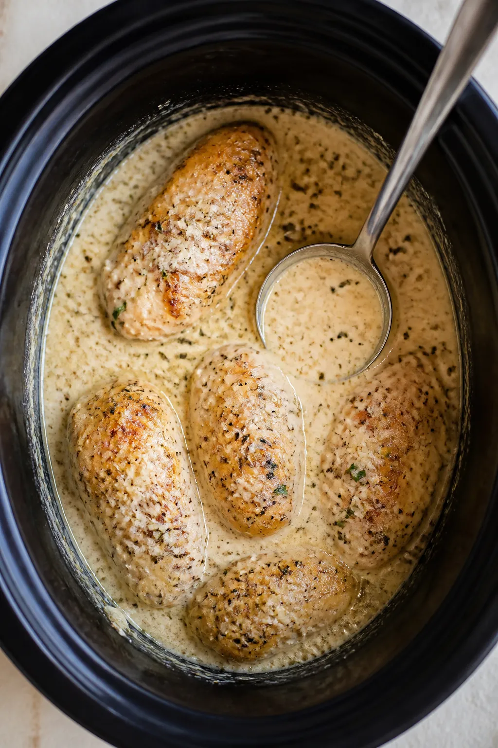 Cooking process: Overhead shot of cooked chicken breasts in the slow cooker right after cream and fr